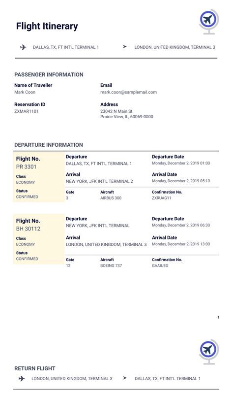 free online airline itinerary.